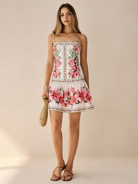 COMMENSE Floral Spaghetti-Strap Mini Dress